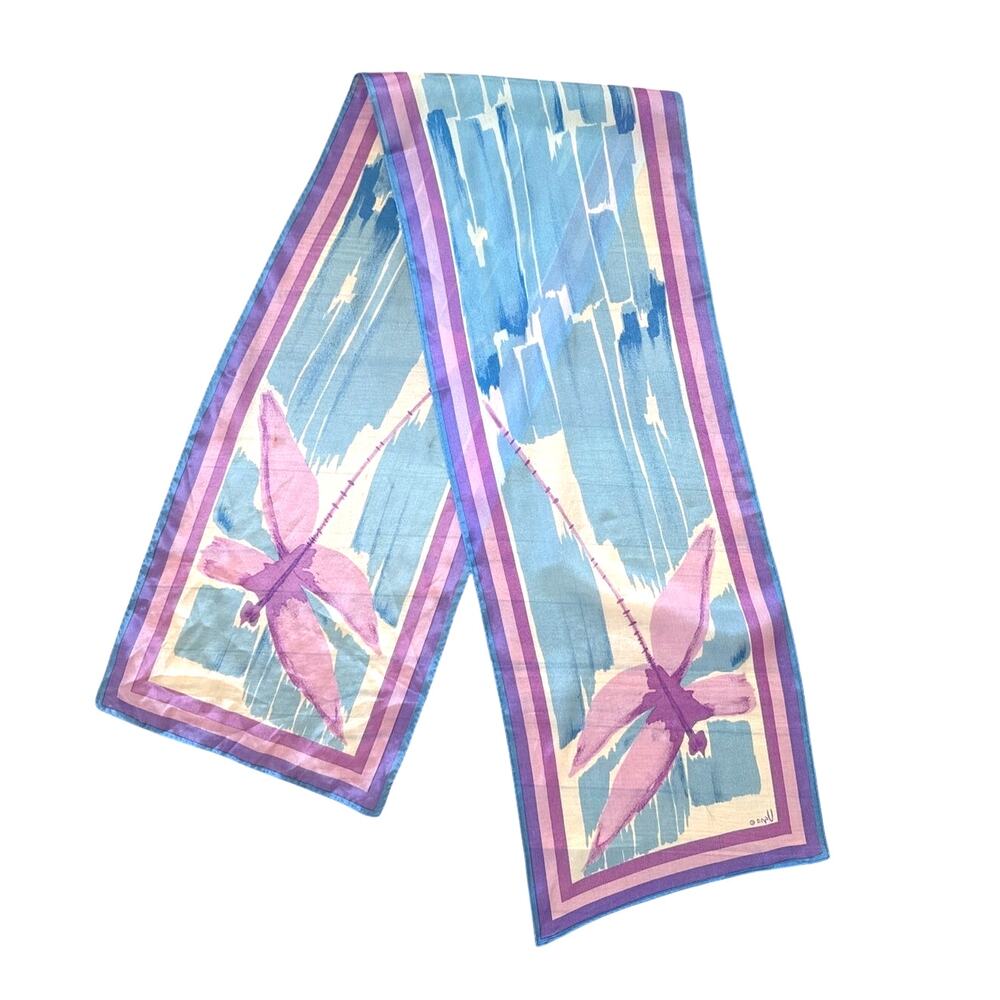 Vera Dragonfly Silk Scarf Long Rectangle Vintage Pretty Wrap Purple Blue